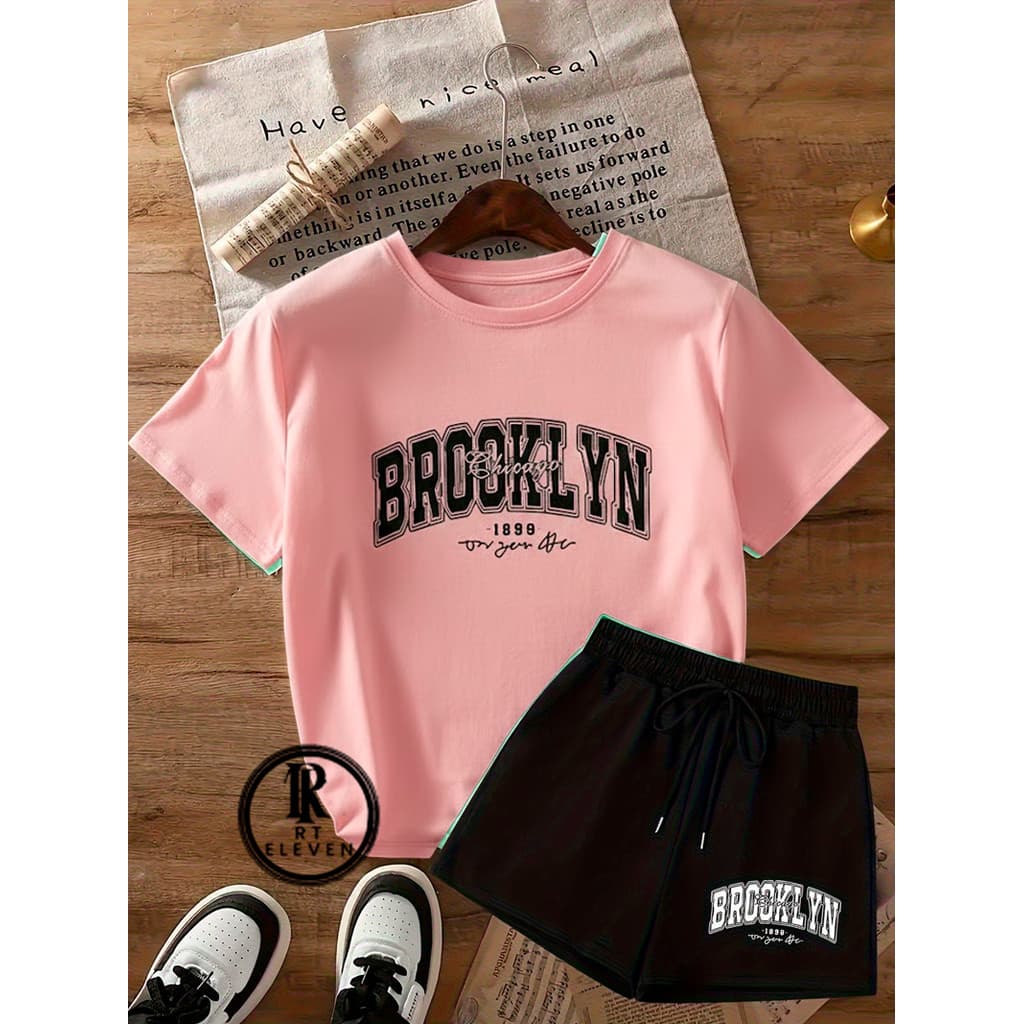 Conjunto Feminino Brooklyn camiseta Malha Algodão Short moletom com cordão conjunto casual de verão confortável elegante