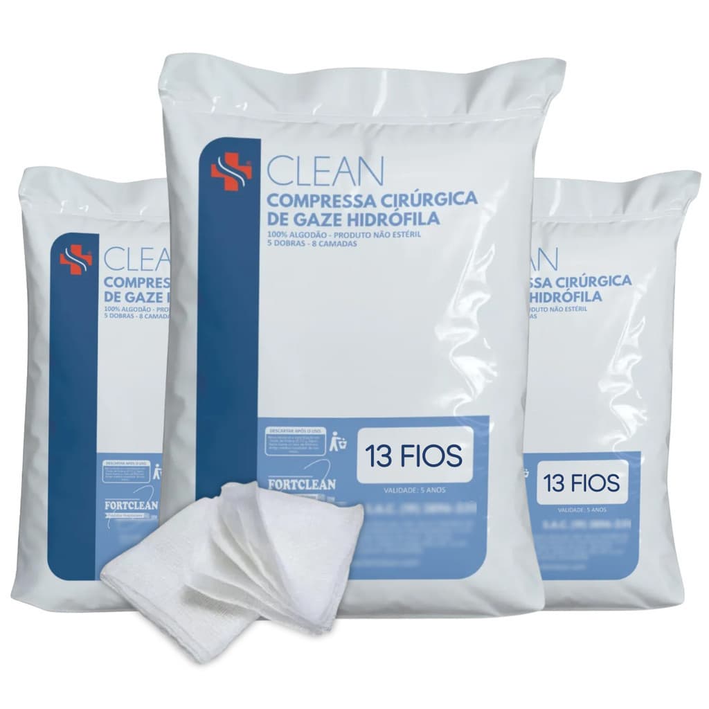 Kit 3 pacotes de 240g Compressa de Gaze Hidrófila 13 Fios Clean Curativo Hospitalar Primeiros Socorros