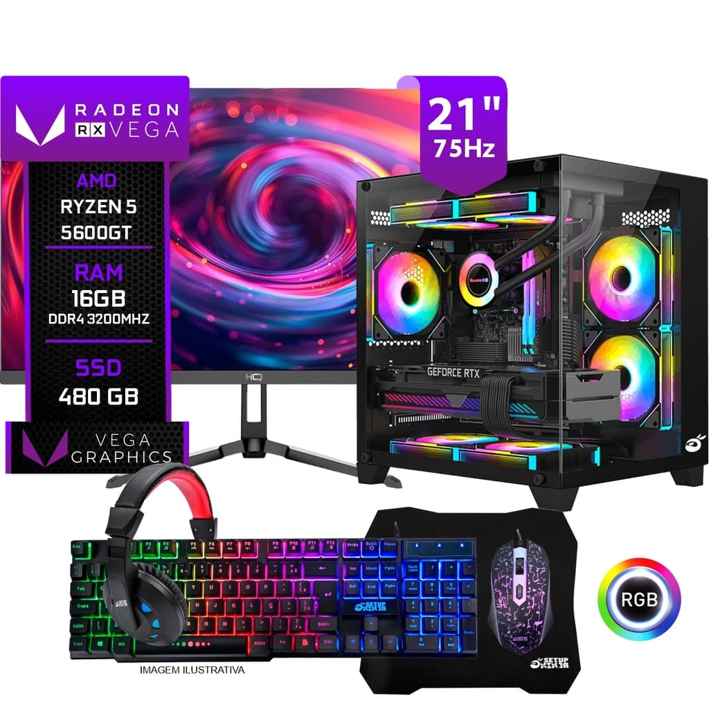 PC Gamer Completo Trigger I, AMD Ryzen 5 5600GT 16GB RAM SSD 480GB Monitor 21" 75Hz, Periféricos