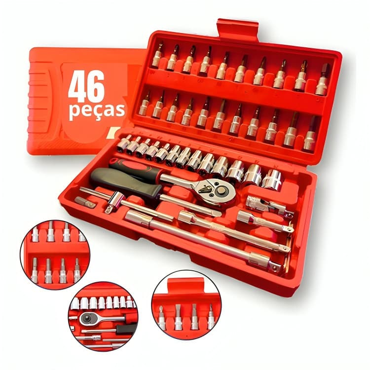 Kit Maleta De Ferramentas 46 Peças Jogo De Ferramentas Chave Catraca Reversível Com Maleta Completo