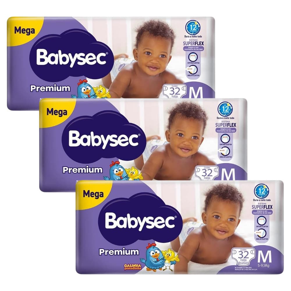 3x Fralda BabySec Premium Galinha Pintadinha Mega M 32 Unidades – Super Absorção + Ajuste Perfeito