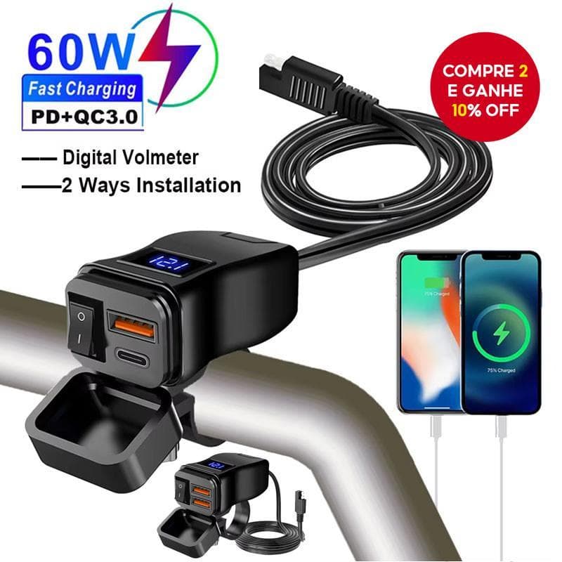  PD QC3.0 Carregador Rápido para Celular em Motocicleta USB à Prova d'Água Conector de Tomada Tipo C com Voltímetro