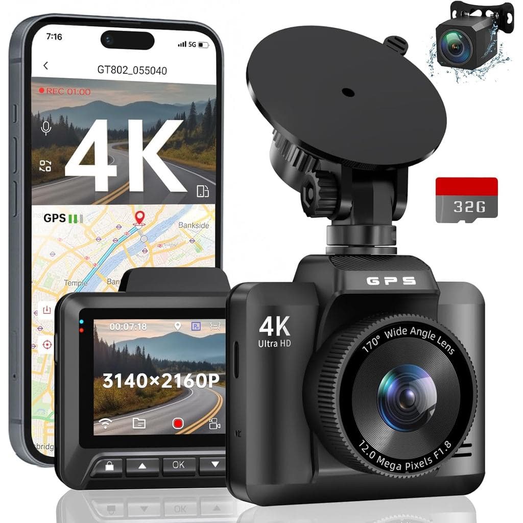 Câmera Veicular Frontal e Traseira, Ecomoment 4K+1080P Câmera Veicular Dupla para Carros, Câmera de Painel com WiFi e GP