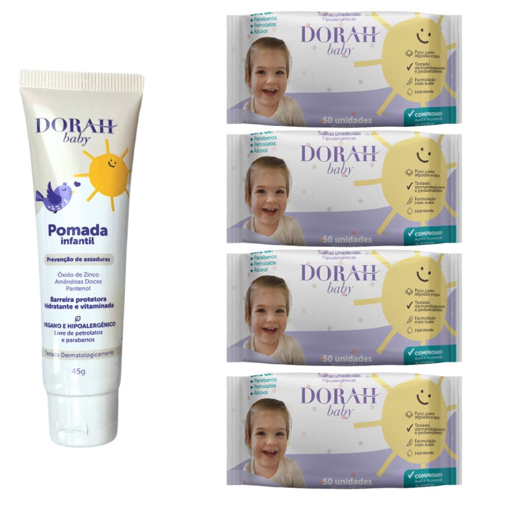 Combo 4 Pacotes de Lenços Umedecidos Hipoalergênicos + Pomada 45g Dorah Baby
