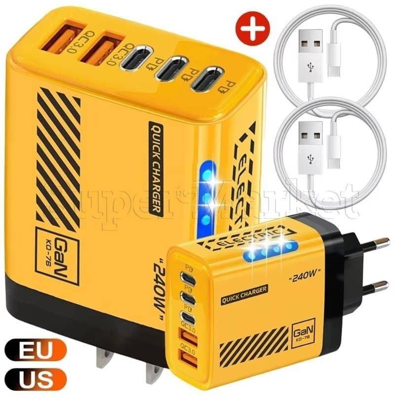 Carregador Rápido De 240 W Tipo C-Adaptador De Parede USB De 5 Portas-Cabeça De Carregamento De Telefone Com Plugue Eua/