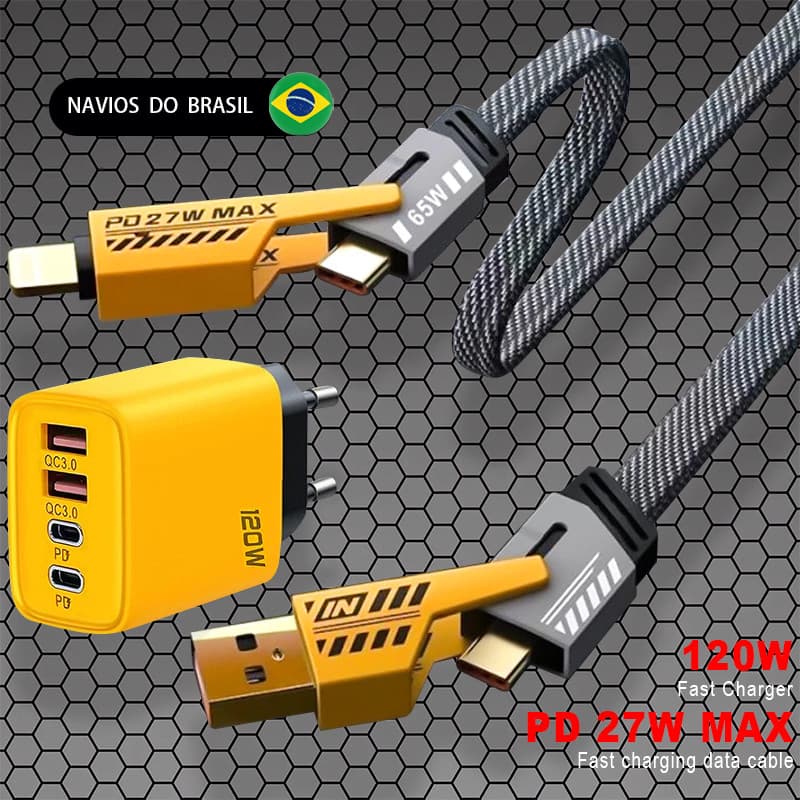 Carregador Rápido 4 Em 1 Cabo De Carregamento Para USB Tipo C IOS Adaptador De Amarelo Telefone Tablet Computador Estilo