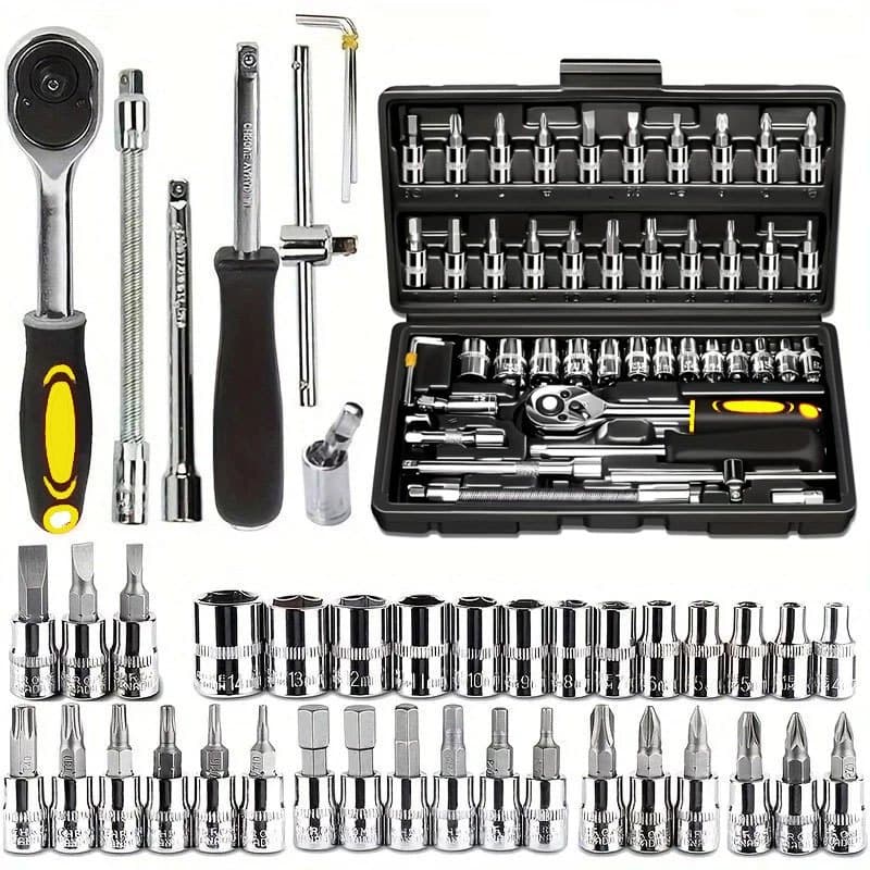 Kit De Ferramentas 46 Peças Jogo De Soquetes Com Chave Catraca Reversível Profissional Para Mecânica E Reparos