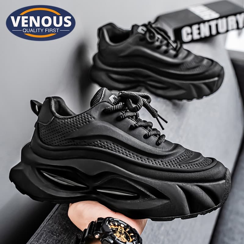 Tênis esportivos masculinos pretos Venous 2025, tênis pretos coreanos para homens, tênis masculinos pretos de borracha, 