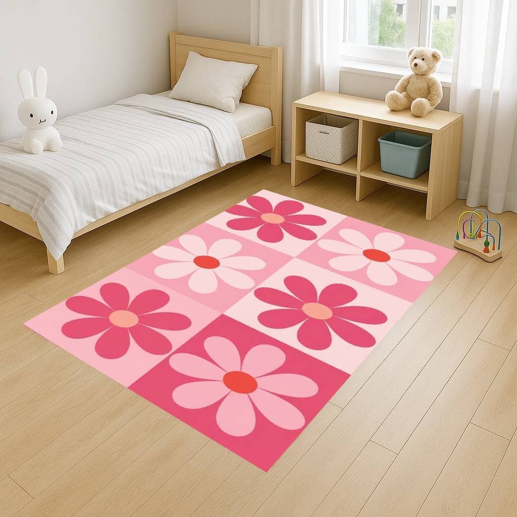 Tapete Retangular 100x140 Antiderrapante Infantil Florzinhas Flores Baby Família Quarto Sala Decoração Alegre Criança