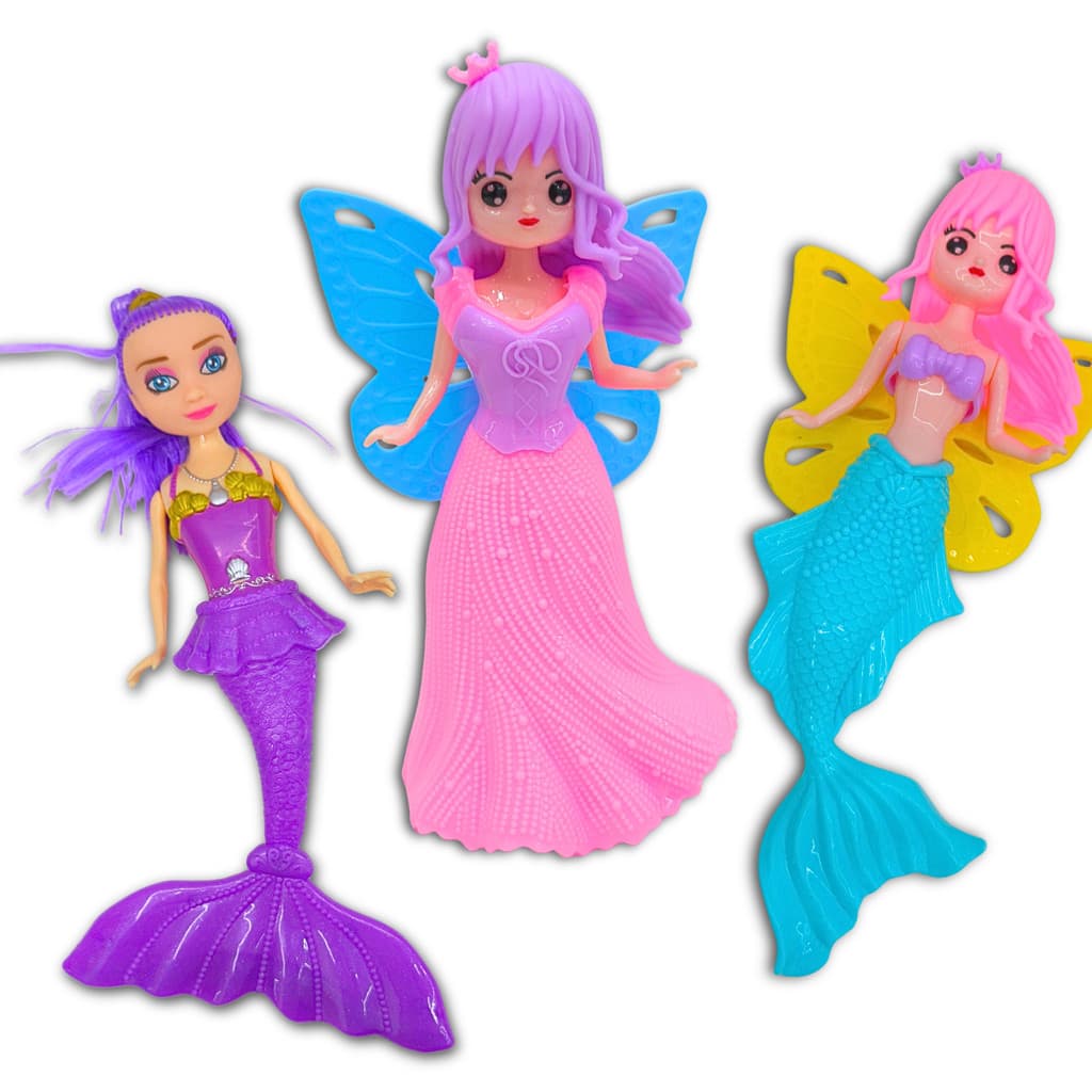 Kit Bonecas Sereia Fada Asas princesas Luz Cauda articulada Presente Menina Brilha Led infantil
