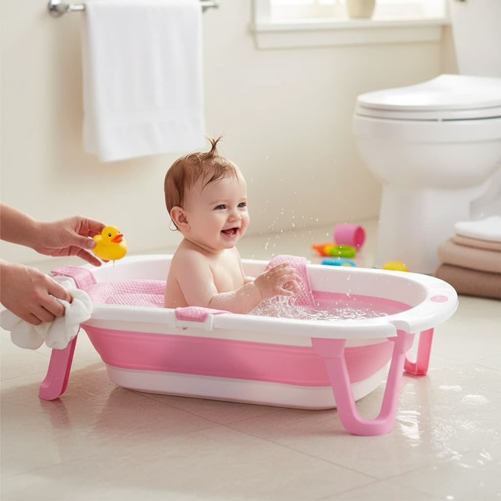 Banheira Bebê Dobrável Infantil Portátil Rede Flexível 31 L Rosa Lisa