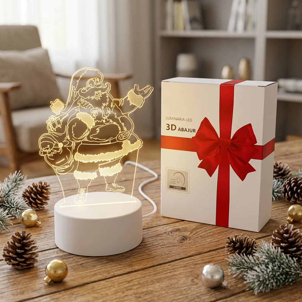 Luminária Abajur Led 3d Acrílico Papai Noel Natal Bivolt