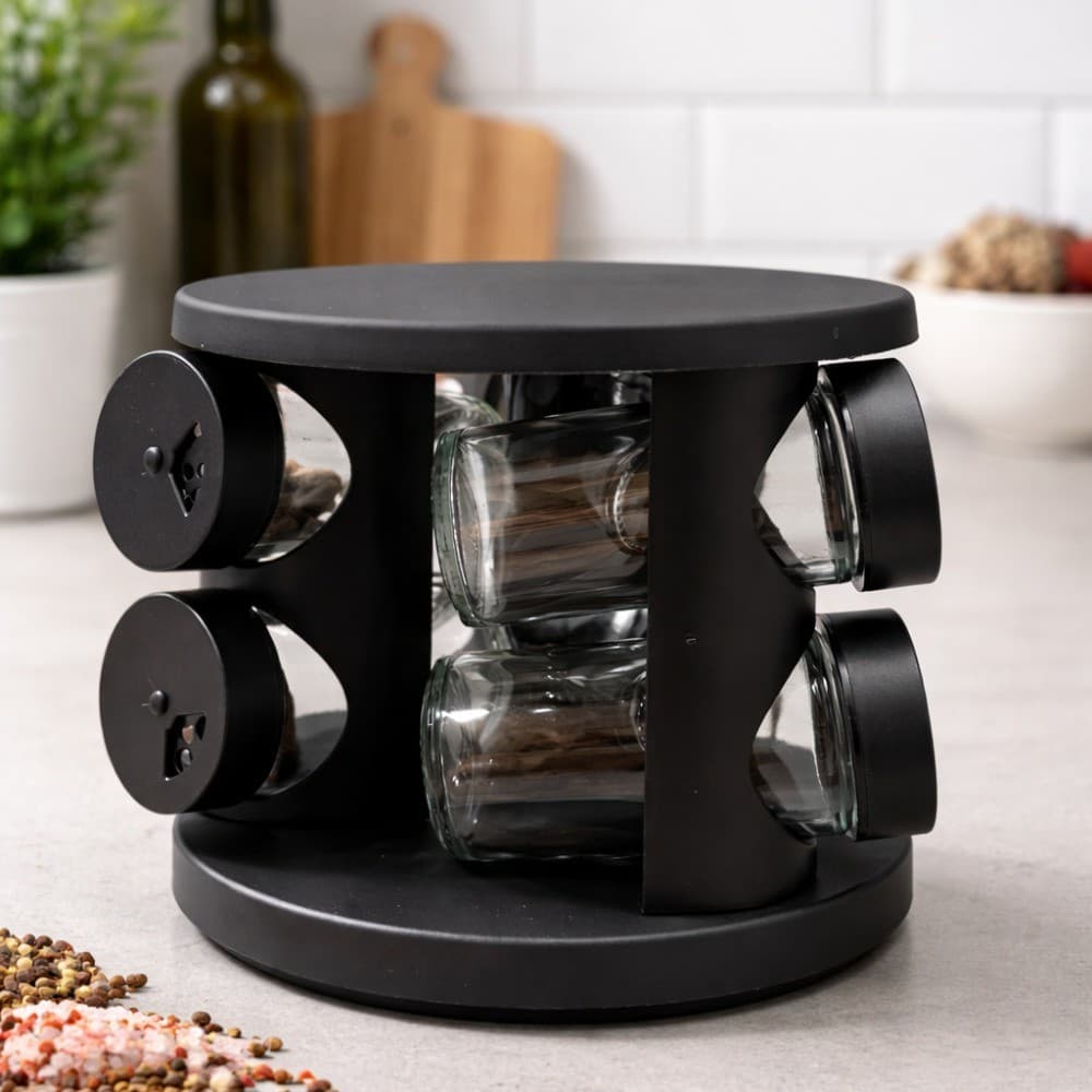 Porta Temperos Giratório 360° com 6 Potes de Vidro Organizador de Temperos Cozinha Preto