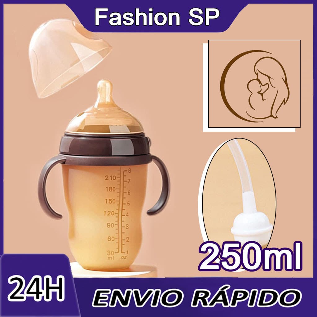250ml Imitação De Leite Materno Anti-cólica E Refluxo Silicone Mamadeira Com Alça Palha Gravidade Bola Bico