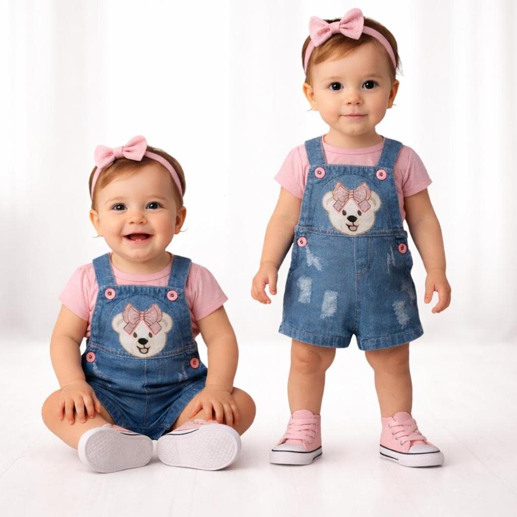 Jardineira Macacão Short Bebê Menina Jeans infantil curta 6 - 24 meses