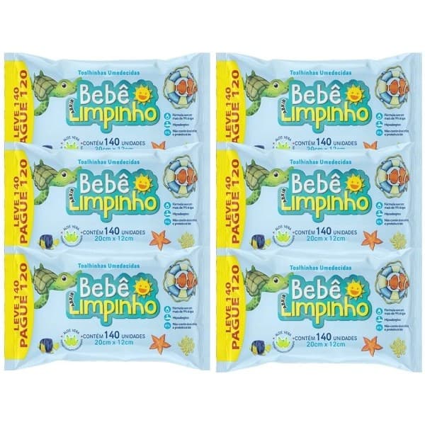 Kit com 6 Toalhas Umedecidas Bebe Limpinho 140 Unidades Cada Hipoalergenico