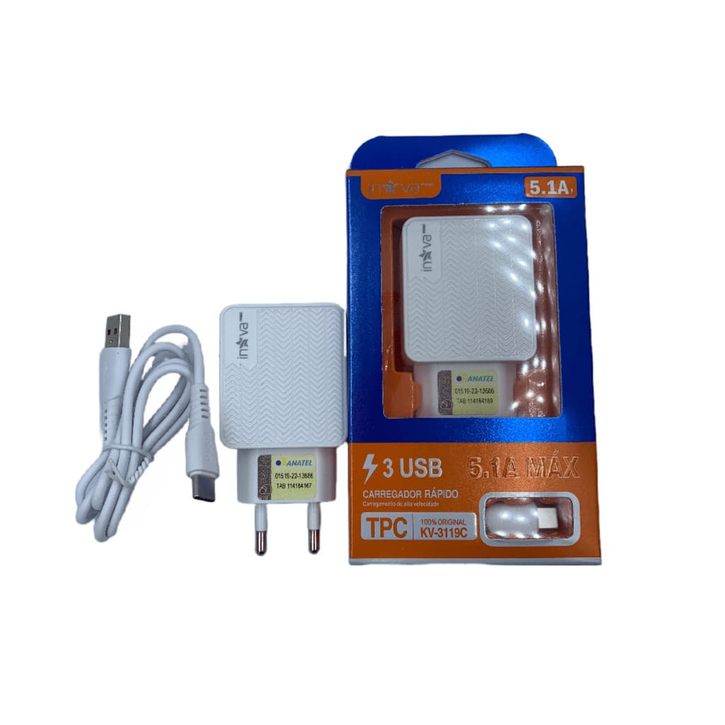 Carregador celular rápido 5.1a entrada tipo-c/v8 3 usb inova prime