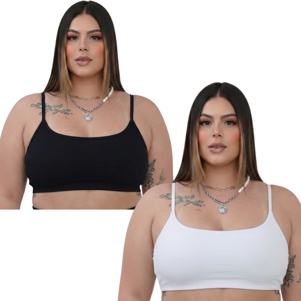 KIT 2 Top PLUS SIZE Academia Forro Duplo Alça Fina Suplex Premium Com Elástico Feminino Fitness