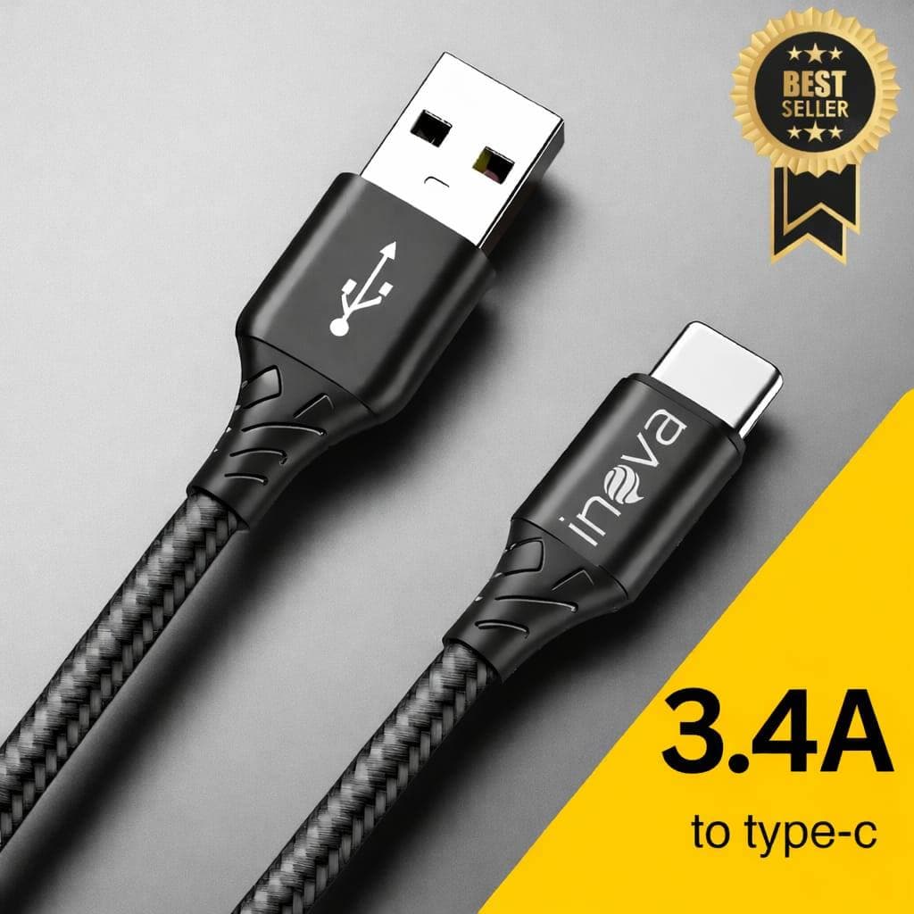 Cabo USB-C 3.4A Turbo 1m Reforçado - Carregamento Rápido INOVA