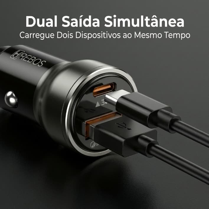 Carregador Veicular 30W - USB-A/USB-C, Preto, Modelo Universal