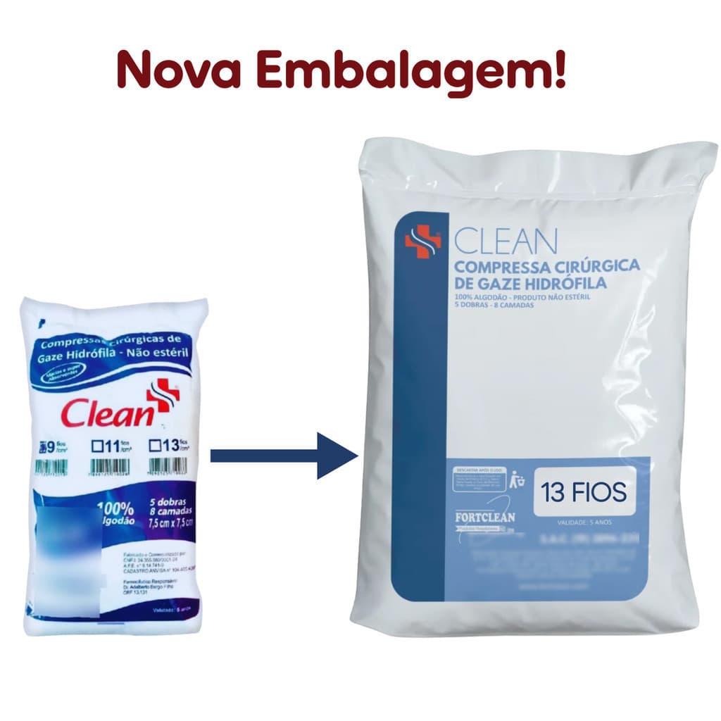 Kit 24 Pacotes de Compressa de Gaze Curativo Hospital Hidrófila 13 Fios 240g Clean Primeiros Socorros