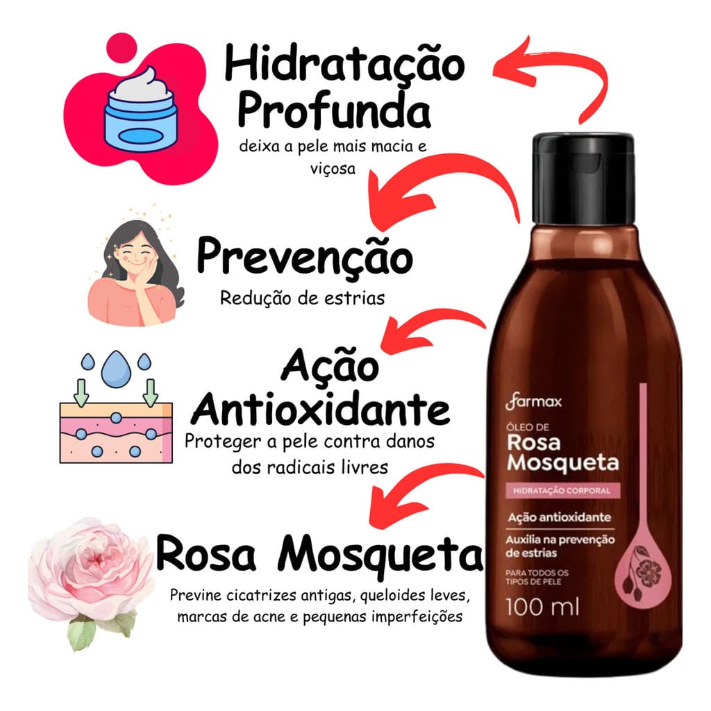 Oleo De Rosa Mosqueta Puro Farmax 100ml Hidratação Manchas Estria Facial Corporal Anti Idade