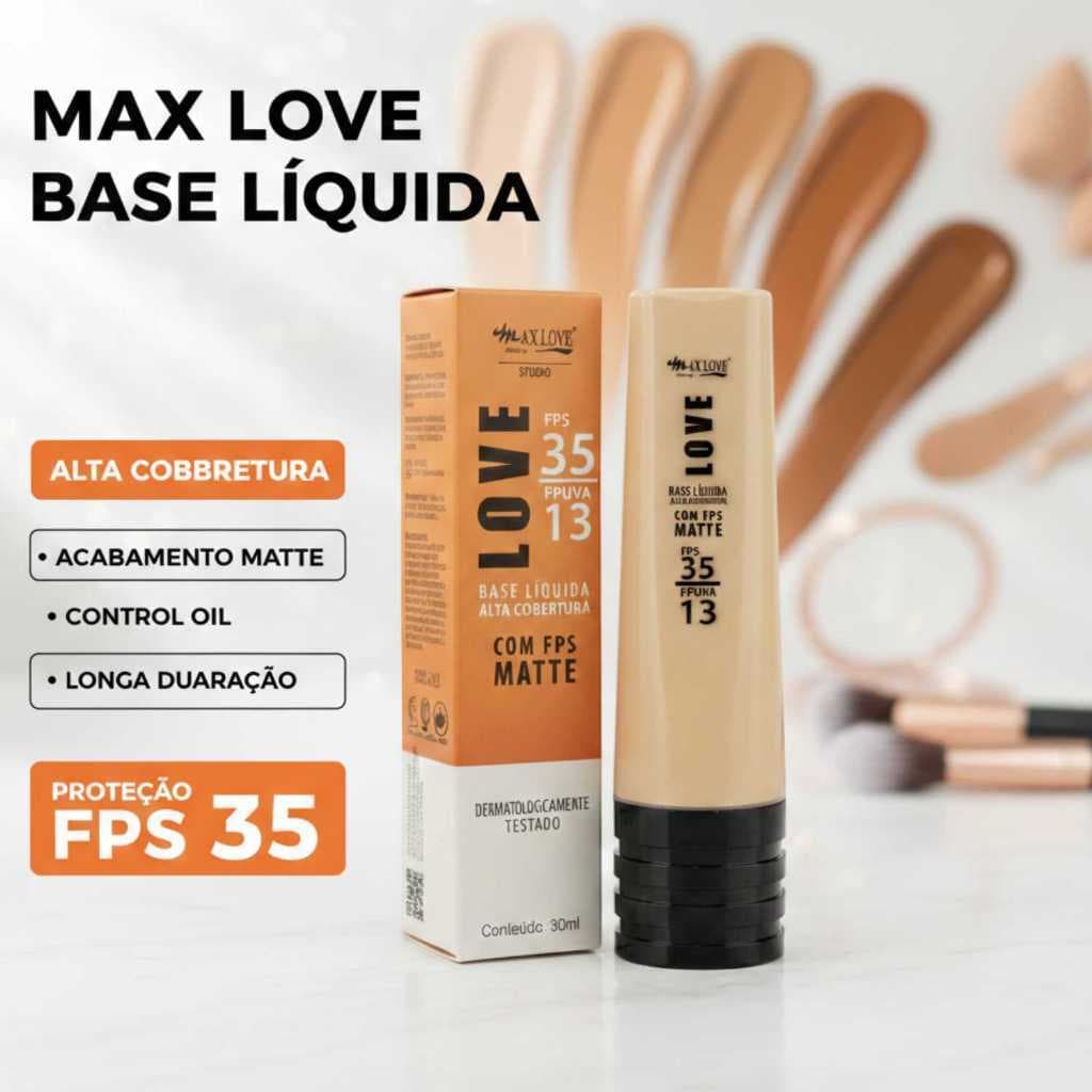 Base Líquida Matte Alta Cobertura FPS 35 Max Love Pele Impecável, Sequinha e Protegida Cores 50 a 61
