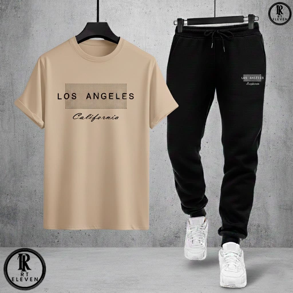 Kit Conjunto Los Angeles Camiseta e Calça moletom Moda masculina camiseta casual Malha Algodão + calça Moletom Com bolso