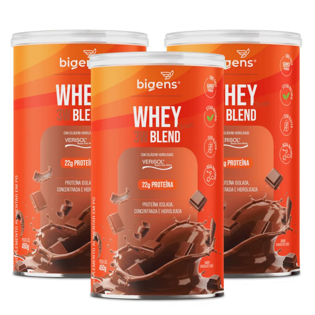 3x Whey Protein 3W Blend Clean Bigens Chocolate Suíço 450g
