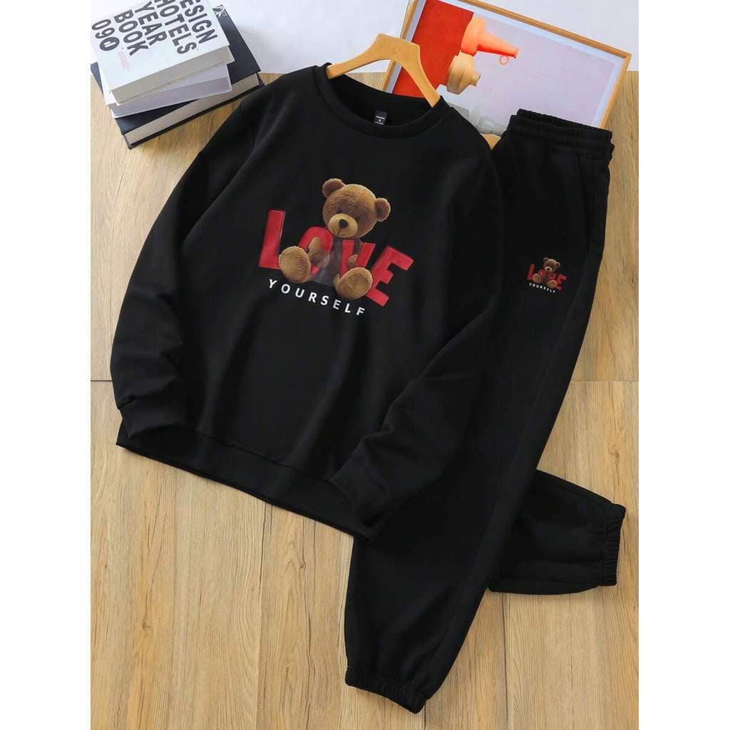 Conjunto Unissex Moletom Manga Longa Ombro Caído Solto Gola Careca Calça de Moletom Cordão na Cintura Outono Inverno