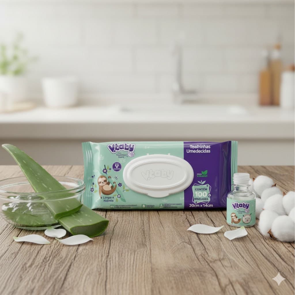 Lenços Umedecidos V.Baby c/ 100 Unid – Com Aloe Vera, Vegano e Sem Álcool