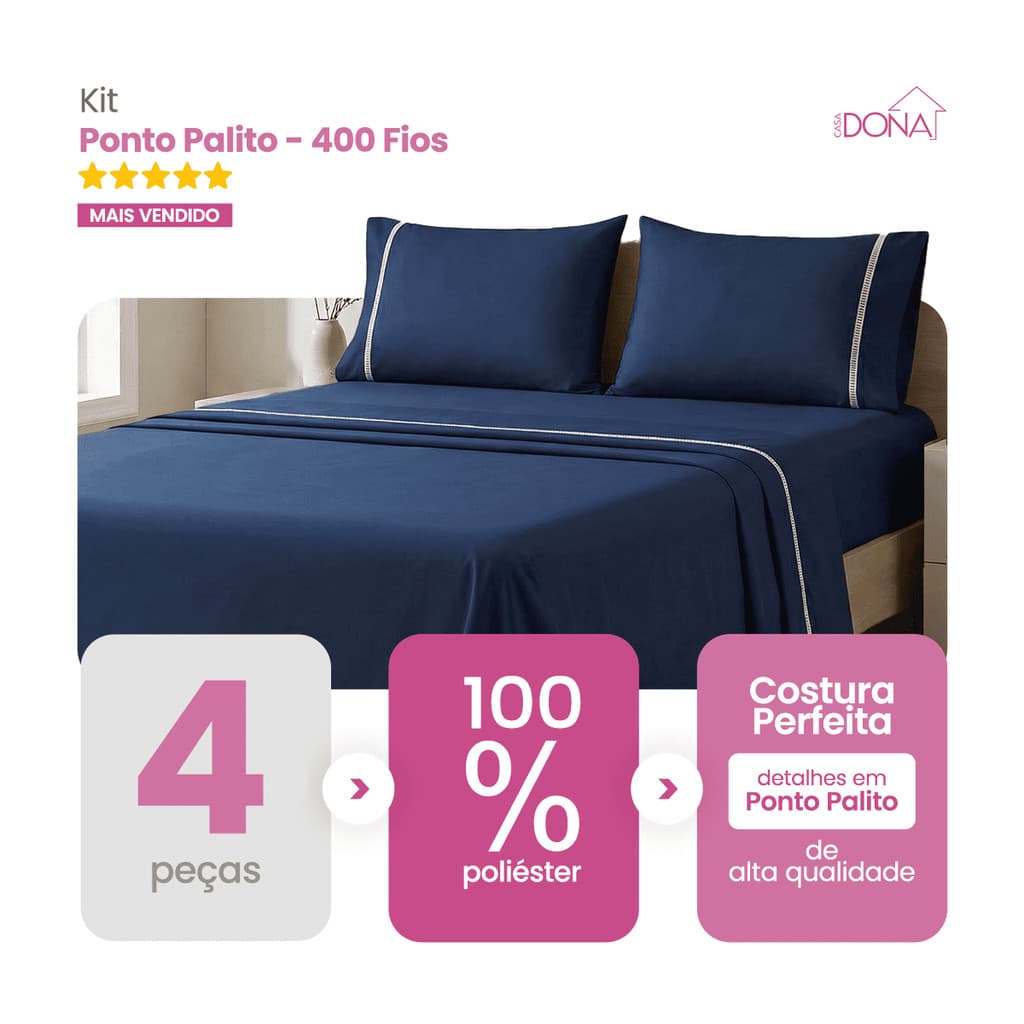 Jogo de Cama Lençol e Fronha 4 Peças 400 Fios Ponto Palito Toque Macio Premium Casa Dona