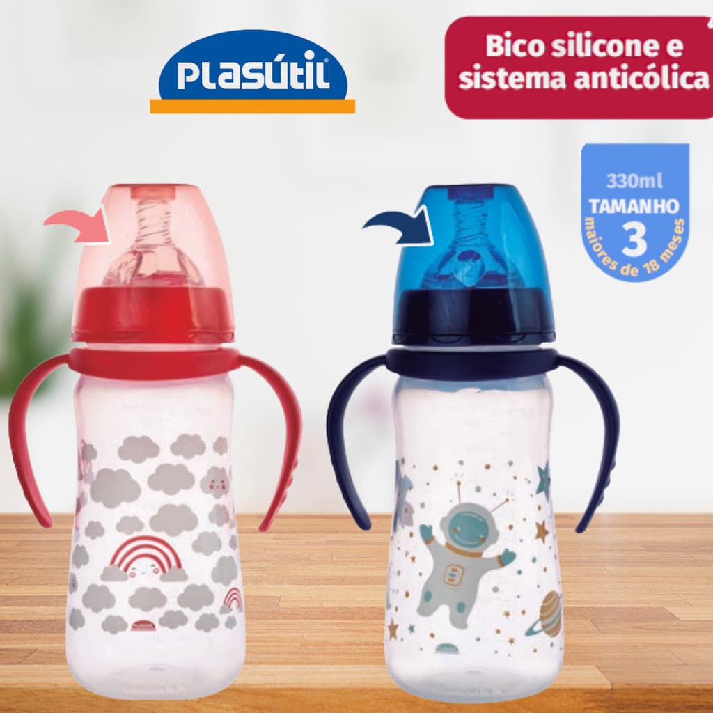 Mamadeira com Alça Bico de Silicone Anticólica 330 Ml Plasútil Bebê Infantil