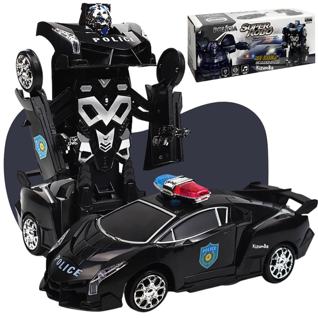 Carrinho de Polícia Vira Robô Transformers Bate e Volta com Luz Som Brinquedo Infantil Preto Kizumba