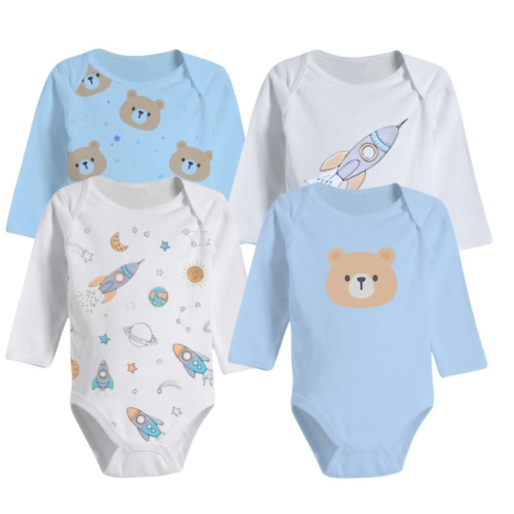 Kit Bebê 4 Bodies Manga Longa 100% Algodão Estampado Enxoval Confortável