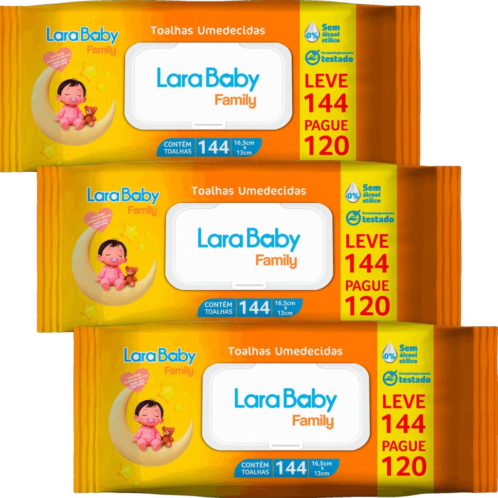 Kit C/3 Lenço Umedecido Lara Baby Family 144 Unidades Total 432