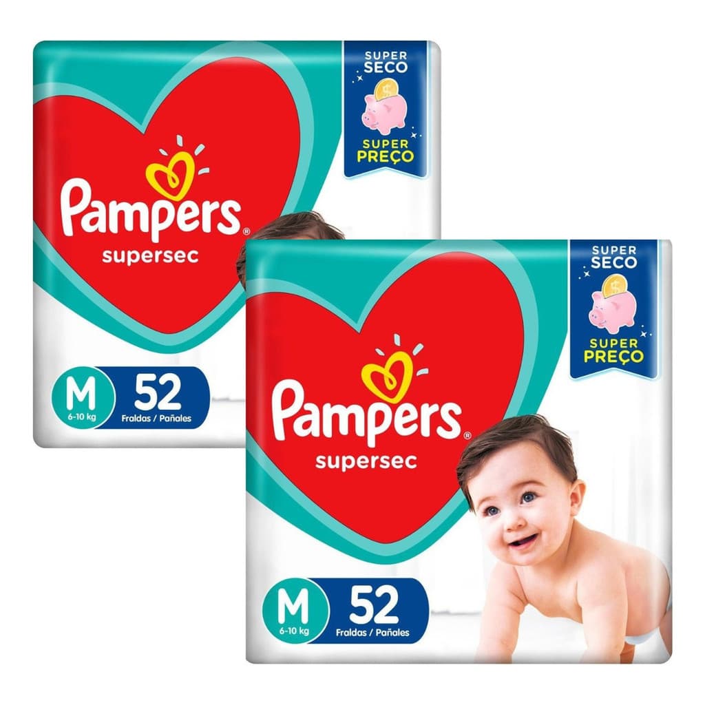 2x Fraldas Pampers Supersec M 104 Fraldas - Kit 2 Unidades com 52 Unidades cada (6 à 10kg)