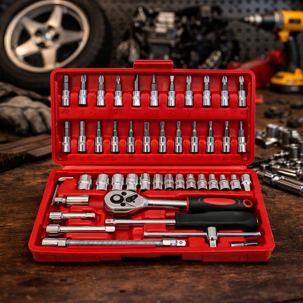 Kit Ferramentas 46 Peças Completo Catraca Profissional Aço Cr-V Portátil Multiuso Casa Carro Moto