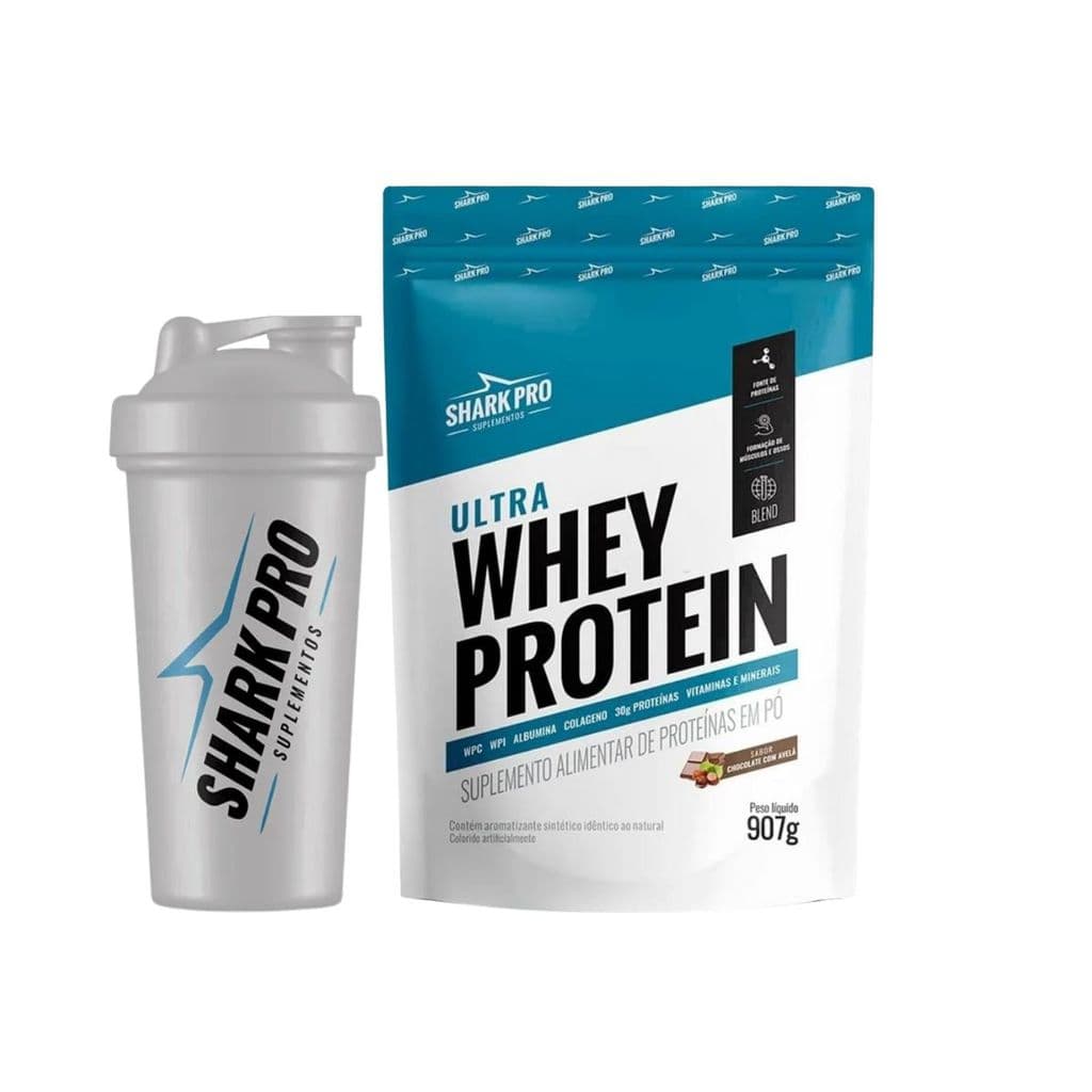 Mix Ultra Whey Protein 907g Chocolate com Avelã 30g Proteina + Coqueteleira Shark Pro