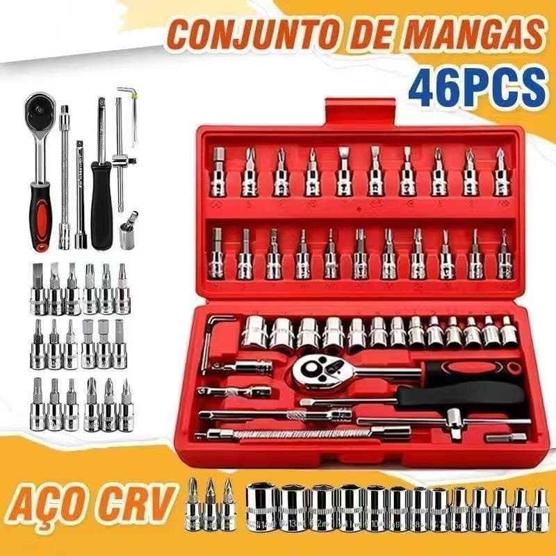 46 Peças Jogo De Chave Catraca Caixa De Ferramentas Completa Reversível Soquetes Maleta - MGC