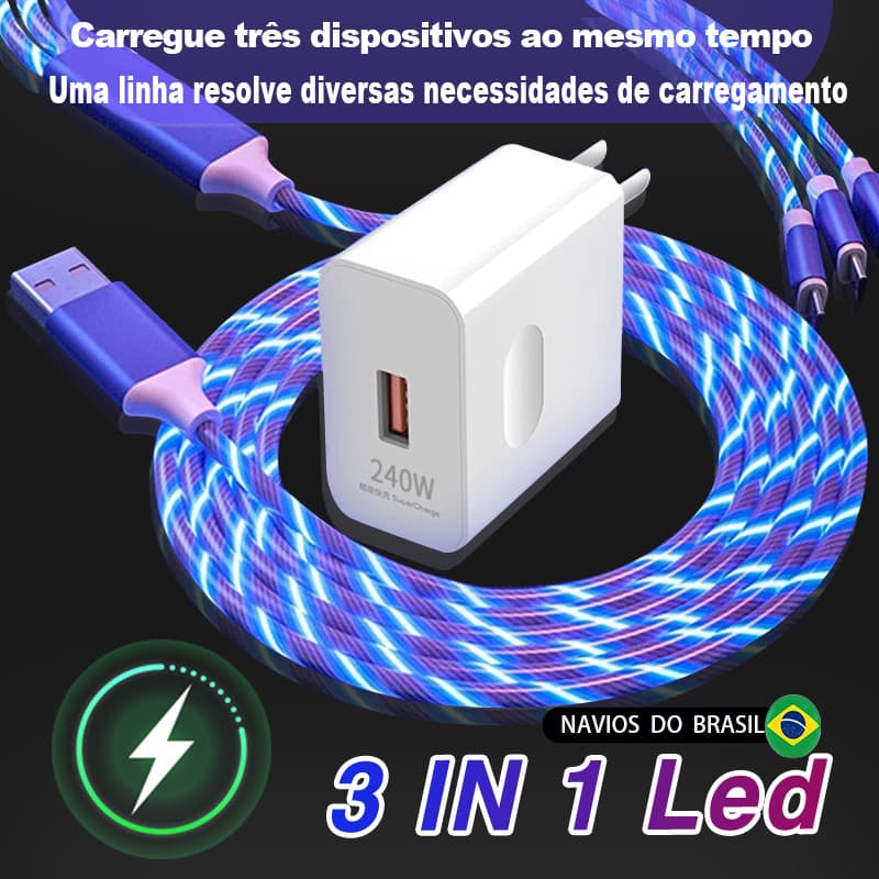 Carregador Rápido De 240 W Com Cabo USB De Luz De Fluxo LED 3 Em 1 Para Cabos De Carregamento Tipo C Micro IOS Streamer 