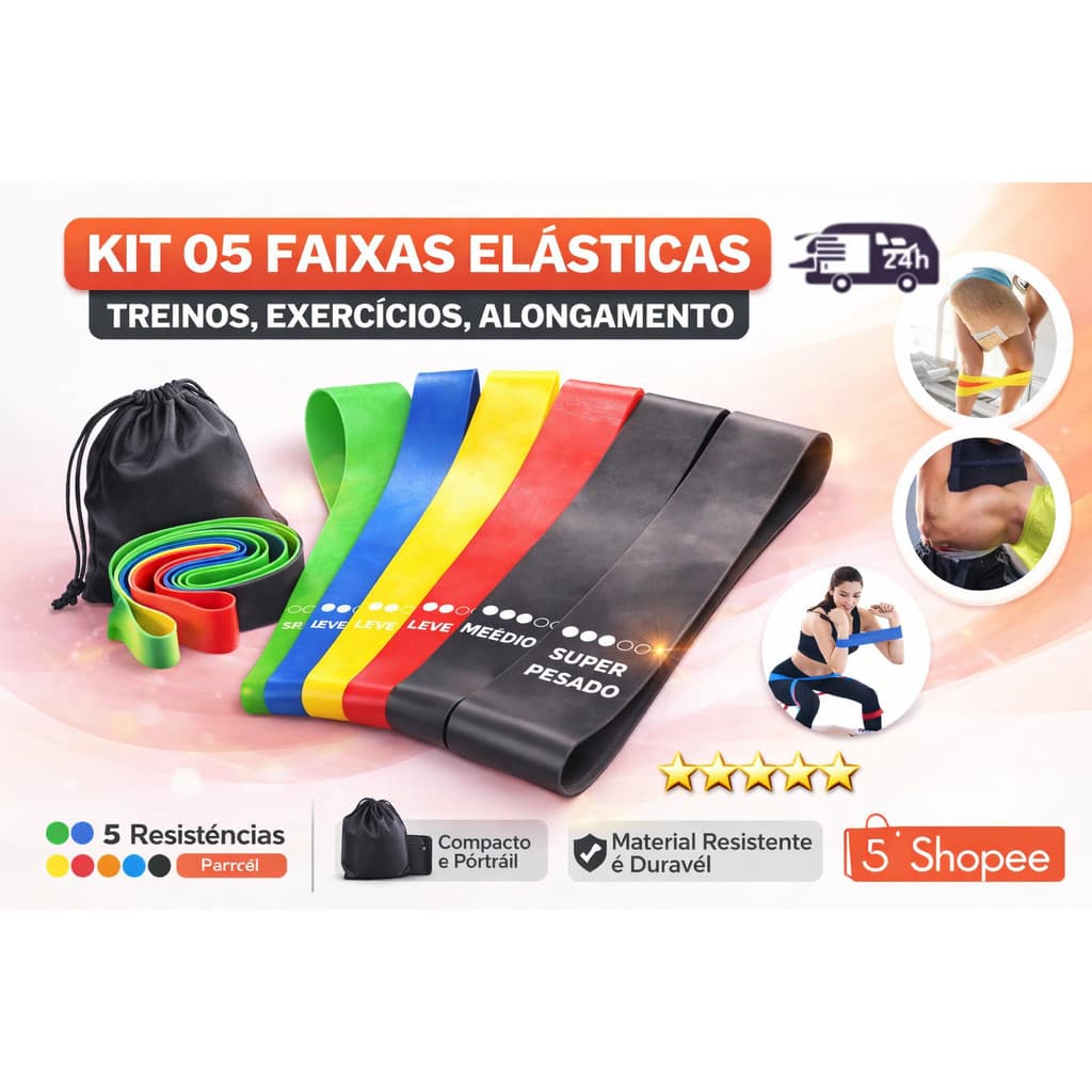 Kit 1,2,3 C/5 Banda Faixa Elástica Resistência Band Treino Yoga Pilates Treino Academia Musculação