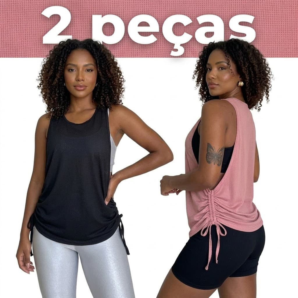 2 Blusas Dry Fit Feminina Fitness Decote Lateral Tapa Bumbum Top Regata Treino Academia