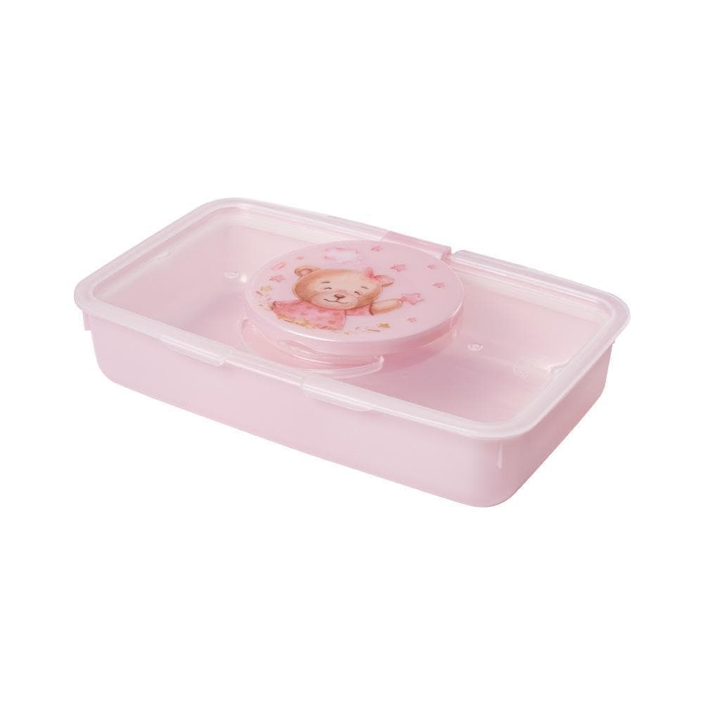 Porta Lenço Umedecido Ursa Rosa  Vedação Borracha Viagem Passeio Bebê Plasútil