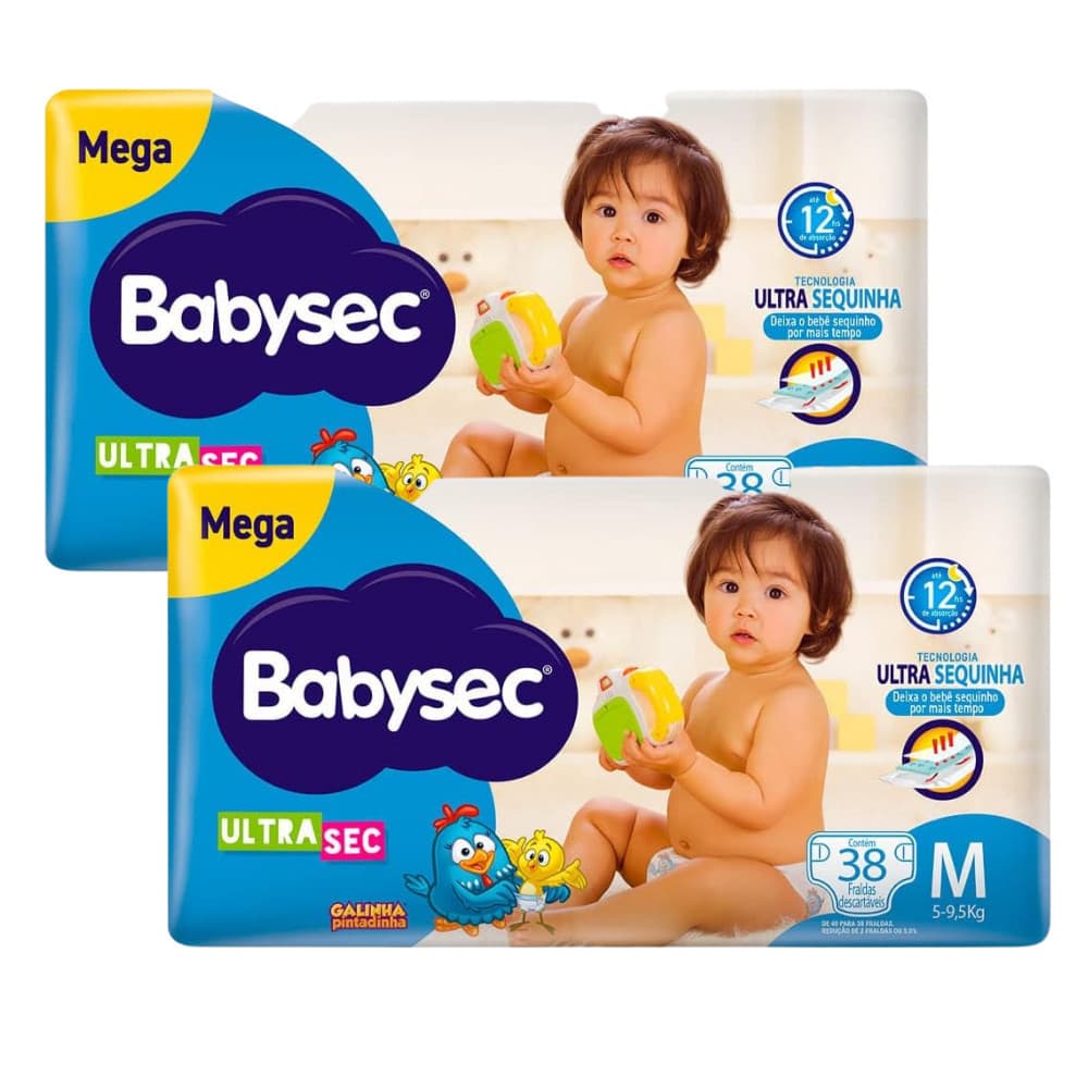 Kit Duplo 2x Fralda Infantil BabySec Ultrasec Galinha Pintadinha Mega M 38un –Conforto e Alta Absorção