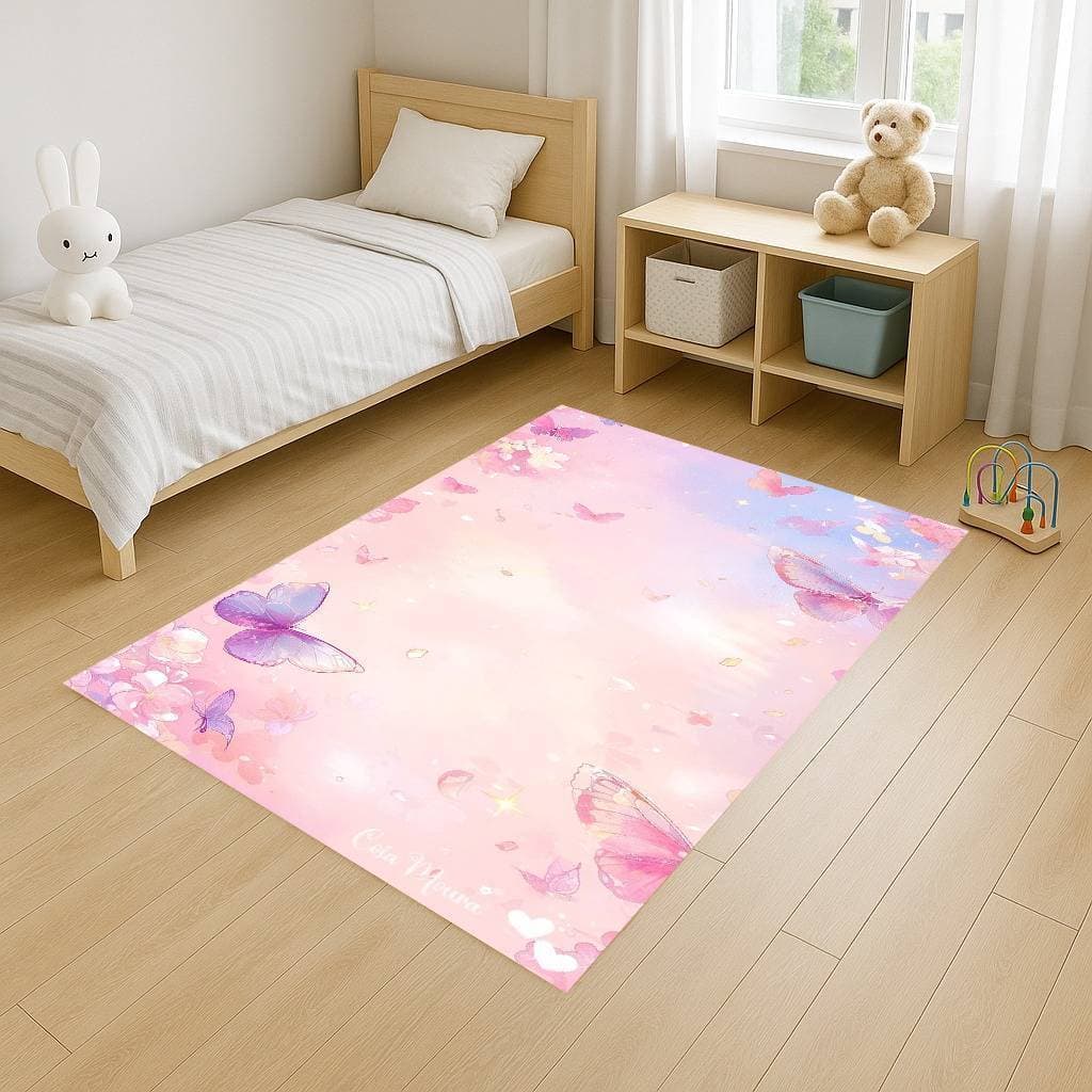 Tapete Retangular 100x140 Antiderrapante Borboleta Butterfly Criança Familia Infantil Desenho Decoração Quarto Sala