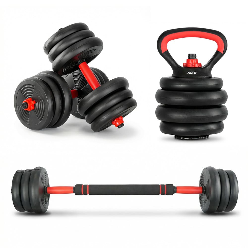 Kit Halteres Ajustável 6 em 1 ACTE S200 - 20kg Barra Longa Kettlebell Peso Regulável Musculação Treino em Casa Compacto