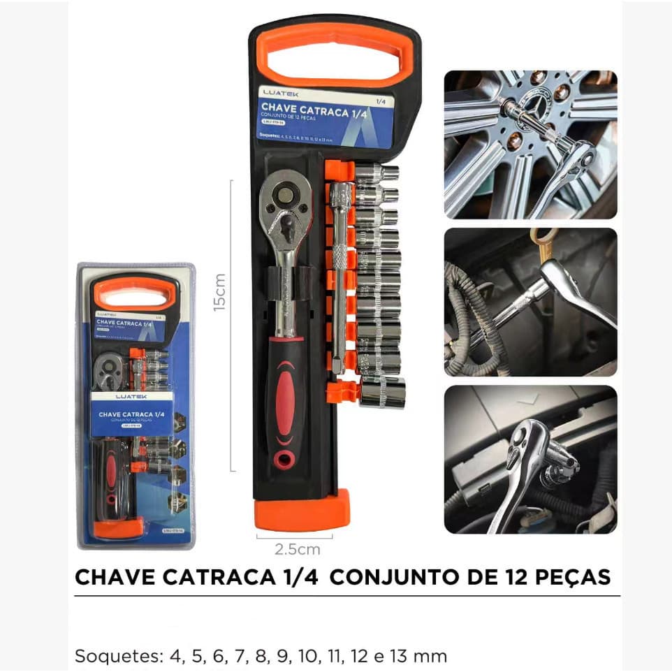 Kit 12 Pcs Soquete 1/4 Jogo Sextavado Com Catraca E Extensão LWJ-179-14