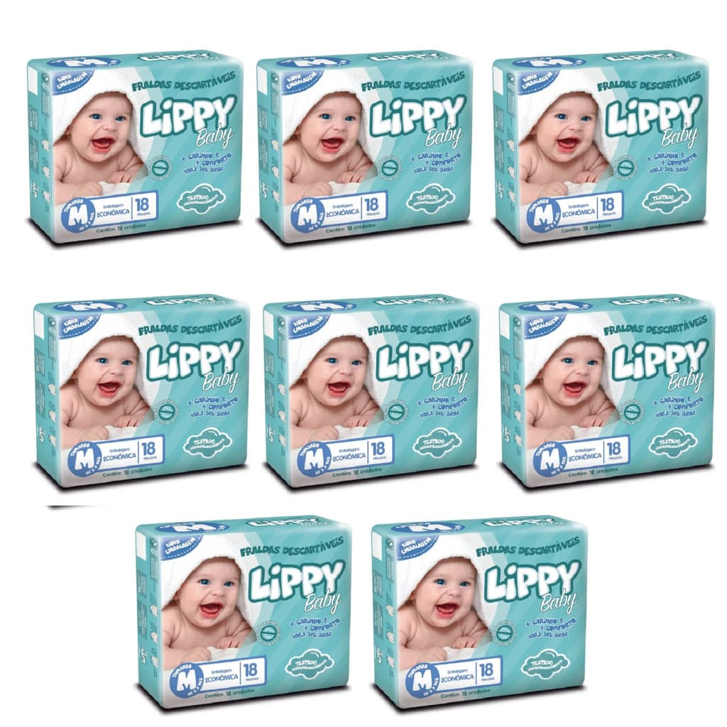 KIT 8 PACOTES FRALDAS INFANTIS COM 18 TIRAS LIPPY BABY - M - TOTAL 144 FRALDAS