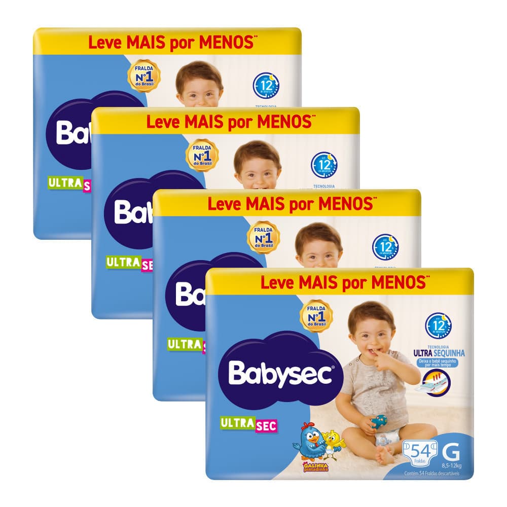Kit Econômico 4x Fralda BabySec Hiper G c/ 54 uni- Ultrasec Galinha Pintadinha -  Conforto Máximo